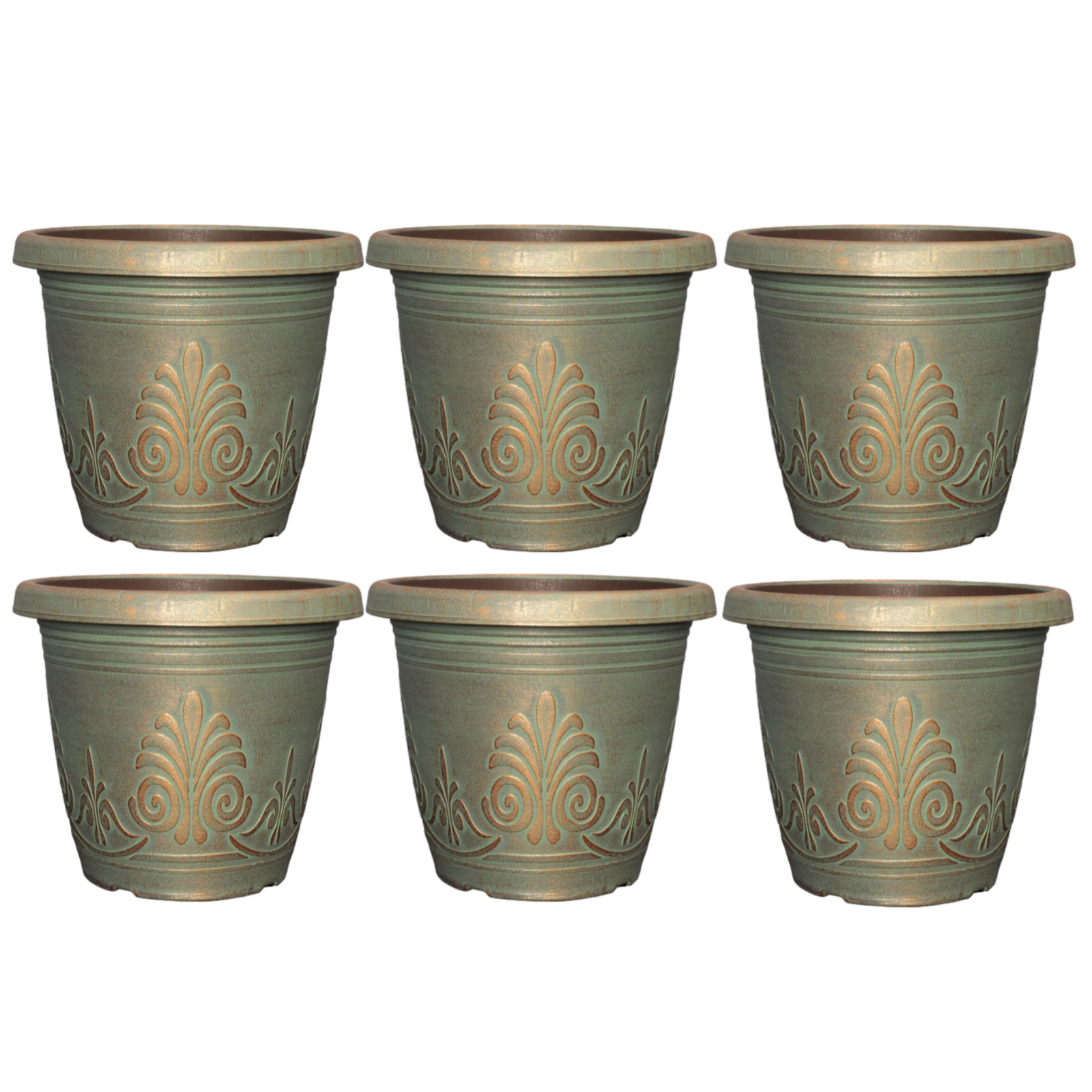 Plastic Plant Pot 1.9L Copper Green 16cm Metallic Round Garden Planter Set of 6