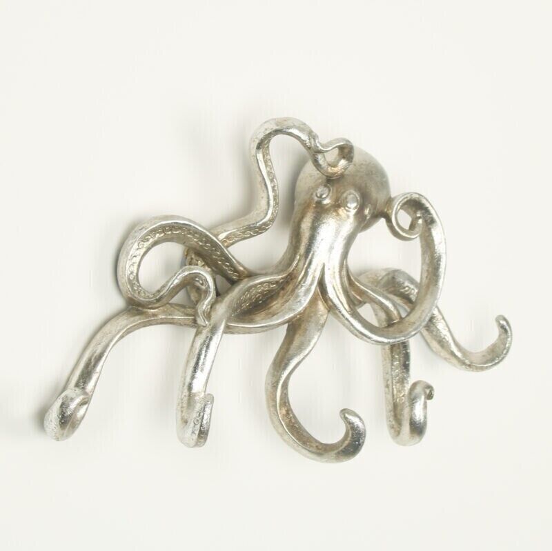 Octopus Silver Resin Wall Hanging Multi Hook Coat Scarf Keys Hanger Nautical