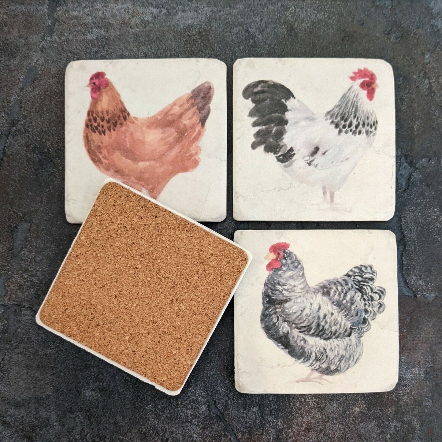 Ceramic Coasters Set of 4 Farm Chicken Cork Backed Coasters Table Mats