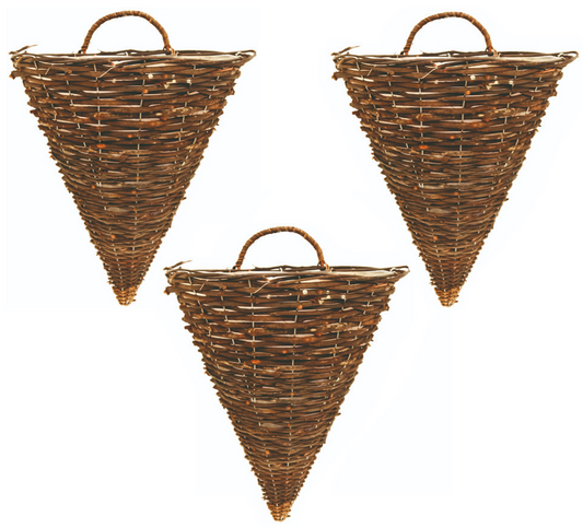 3X 30cm Dark Brown Wicker Wall Hanging Cone Basket Lined Rattan Willow Planter