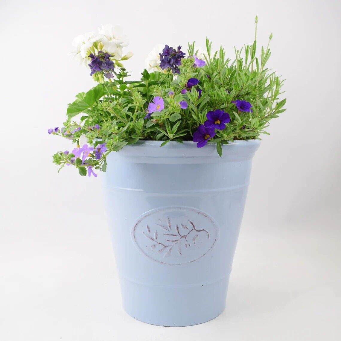 Set of 2 Olive Blue Plastic Plant Pot 30cm Gloss Tall 14L Round Garden Planter