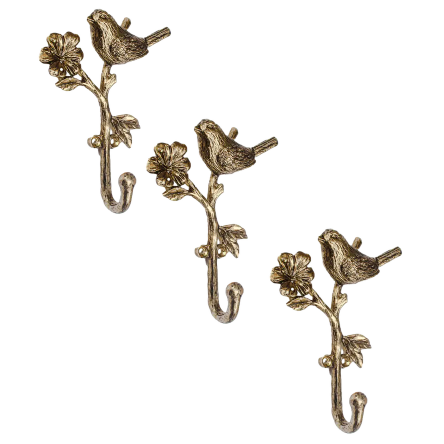 3Pc Metal Gold Wall Bird on Branch Hooks Coat Keys Hanger Rack Wall Mounted