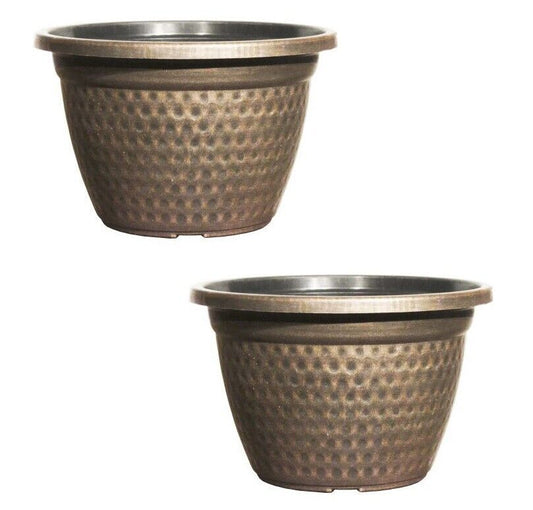 Set of 2 Round 25cm Garden Plant Pot Copper Hammered Planters Pots Tub Cover