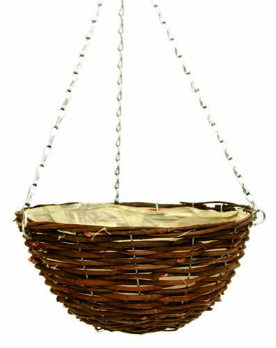 36cm 14 Inch Dark Brown Wicker Hanging Basket Lined Chain Rattan Willow Planter
