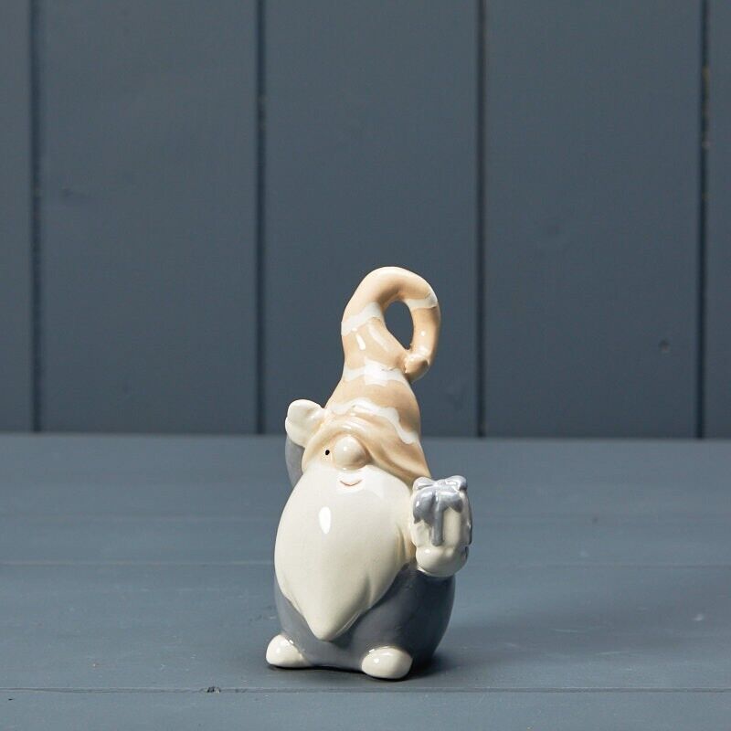 Set of Beige Ceramic Gonk Gnome Holding Gift Nordic Xmas Decor Christmas Gift