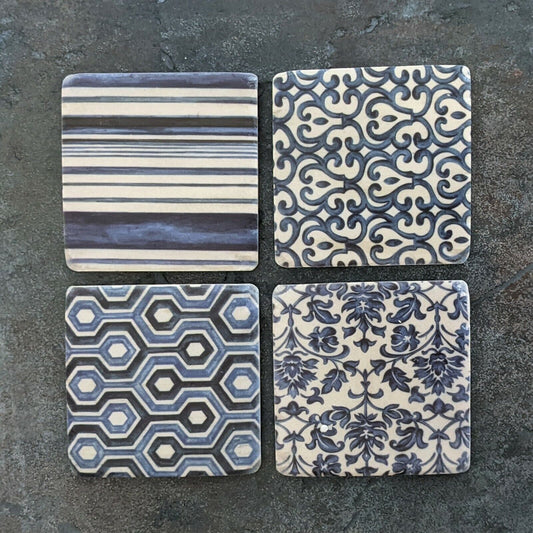 Ceramic Coasters Set of 4 Blue Geometric Willow Cork Backed Coasters Table Mats