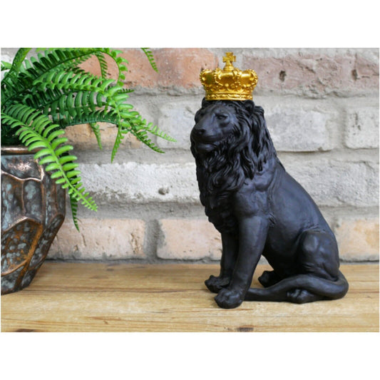 Black Sitting Lion with Gold Crown Statue Shelf Sitter Ornament Decor Sculpture