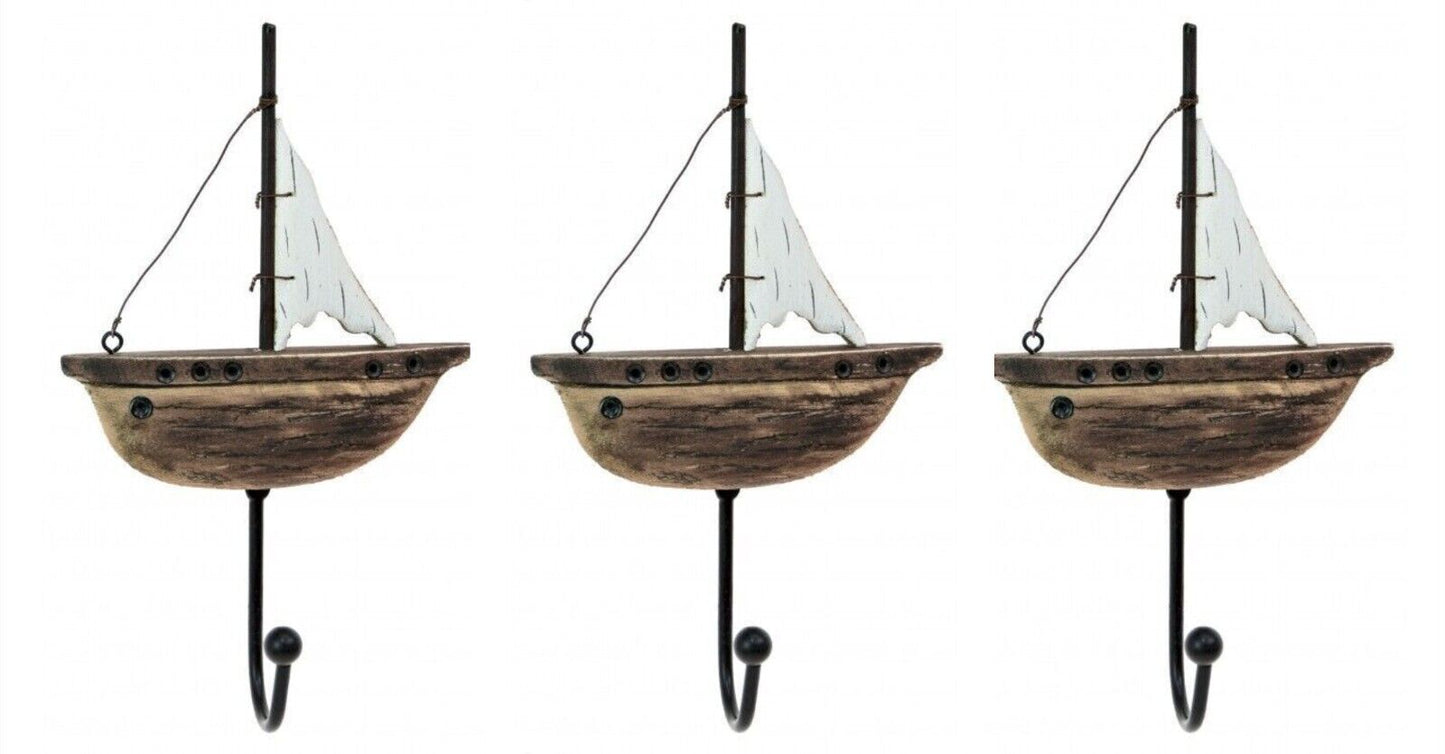 3Pc Nautical Wooden Sailing Metal Yacht Wall Mount Coat Hook Decorative Hook