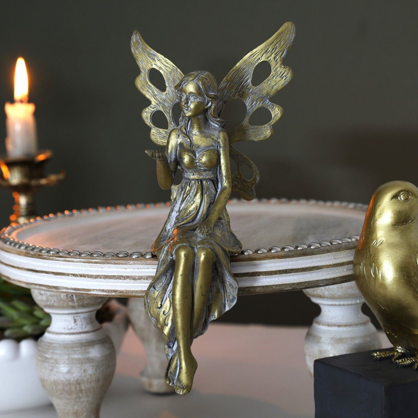 Antique Resin Fairy with Metal Wings Statue Sitting Garden Home Decor Ornament