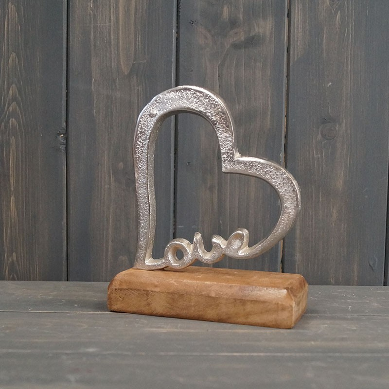 Aluminium Silver Heart with Love Wooden Base Shelf Sitter Table Decor Ornament