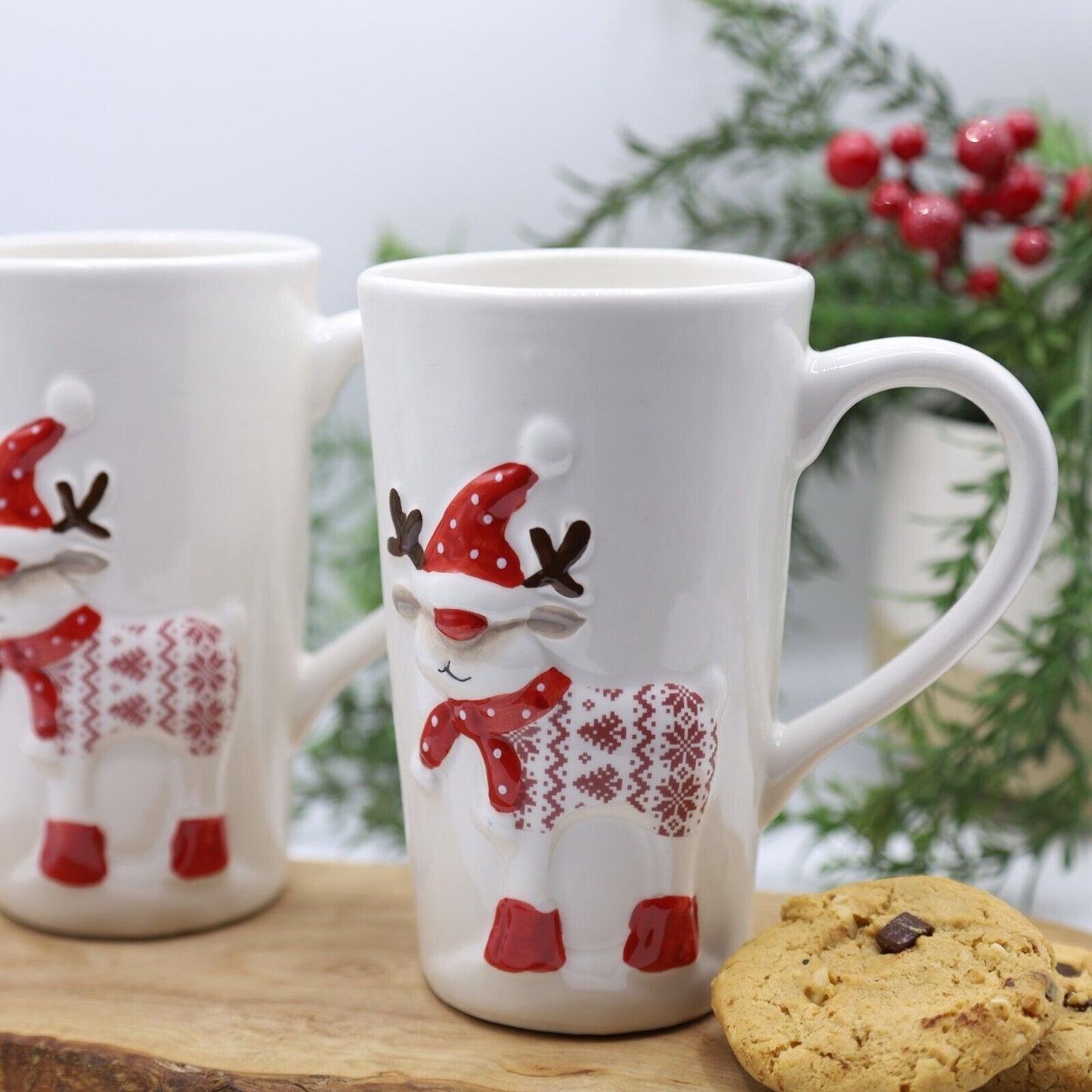 2Pc Reindeer Tall Mug 430ml Coffee Tea Cup Christmas Table Novelty Gift Deocr