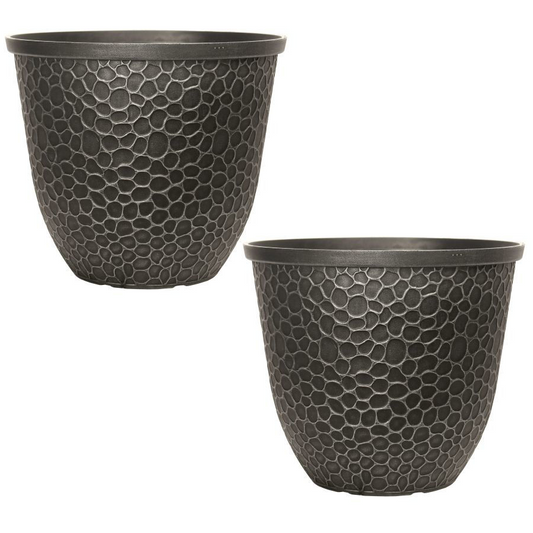 Planter Set of 2 Silver Grey Plastic Plant Pot 30cm Hammered 11.5L Round Garden