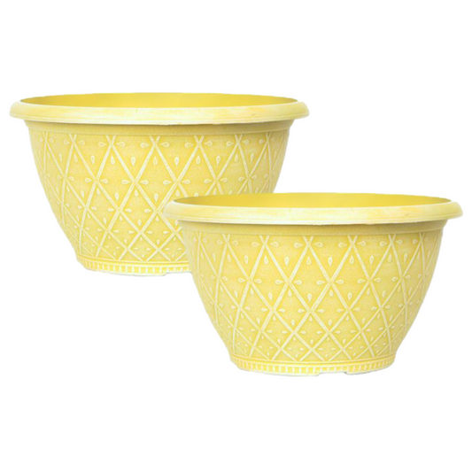 Bowl Planters 2Pc Plastic Prisma 25cm Powderd Sunglow Yellow 4L Garden Plant Pot