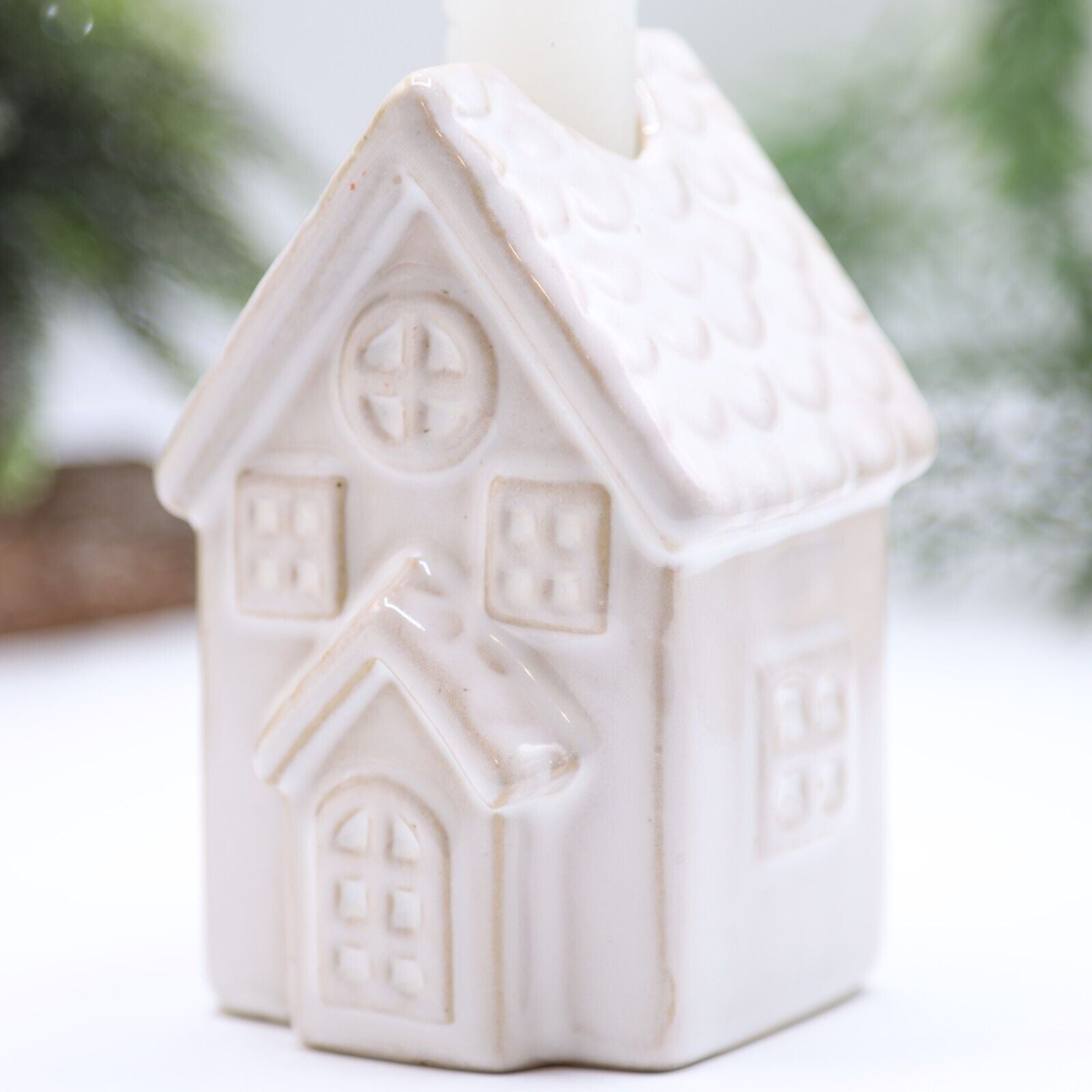 Beige Ceramic Candle Holder Country House Village Scene Ornament 10.5cm Decor