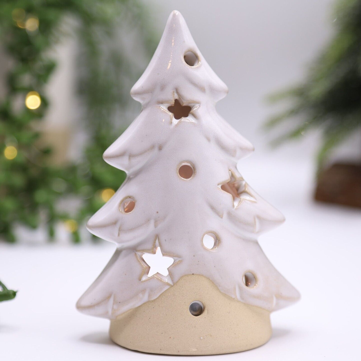 Beige Ceramic Tree Tealight Holder with Stars Cut Out Christmas Festive Decor