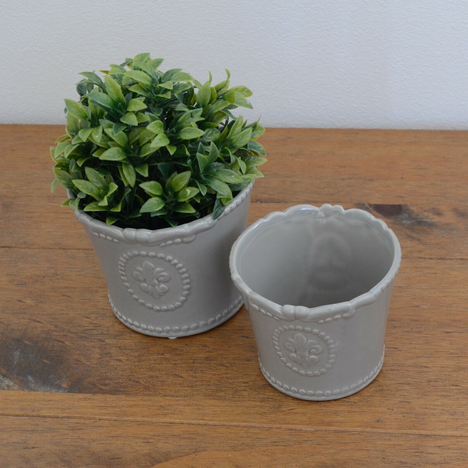 11cm Vintage Grey Ceramic Plant Pot Fleur De Lis Indoor Planter Cover Jar