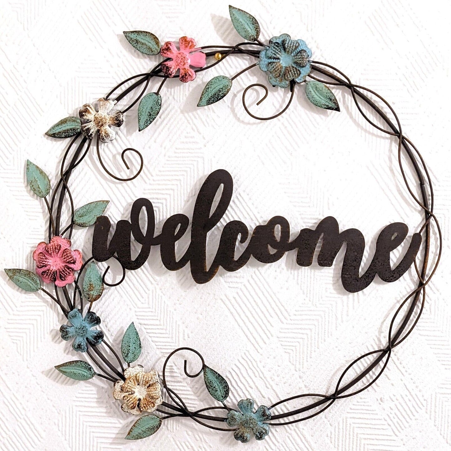 41cm Metal Welcome Wreath Rose Flowers Door Wall Sign Round Floral Decoration