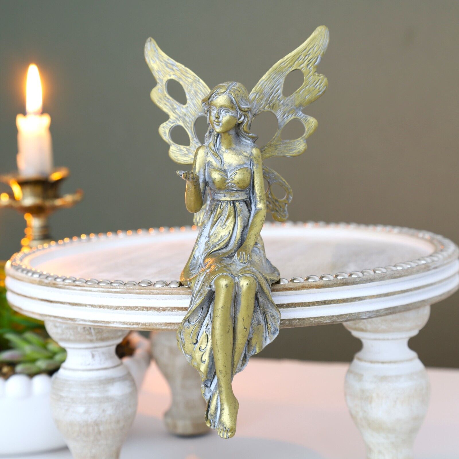 Antique Resin Fairy with Metal Wings Statue Sitting Garden Home Decor Ornament