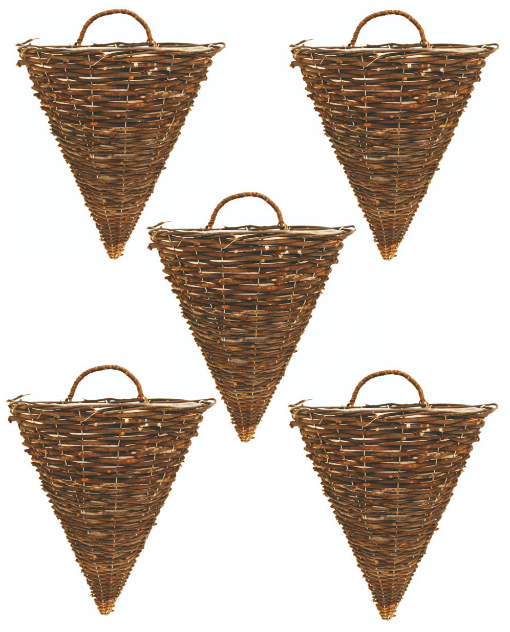 5X 30cm Dark Brown Wicker Wall Hanging Cone Basket Lined Rattan Willow Planter