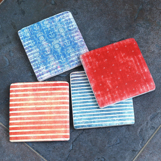 Ceramic Coasters Set of 4 Striped Nautical Cork Backed Coasters Table Mats