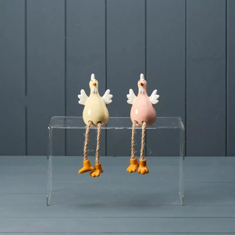 Pink/Yellow Ceramic Easter Chicken with Dangly Legs ShelfSitter Figure Ornament