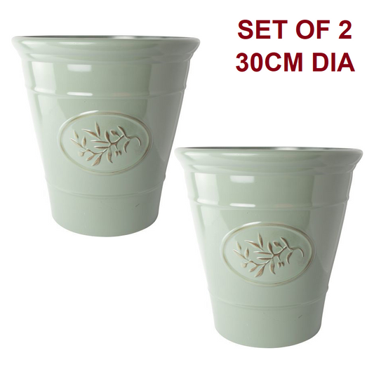 Set of 2 Olive Green Plastic Plant Pot 30cm Gloss Tall 14L Round Garden Planter