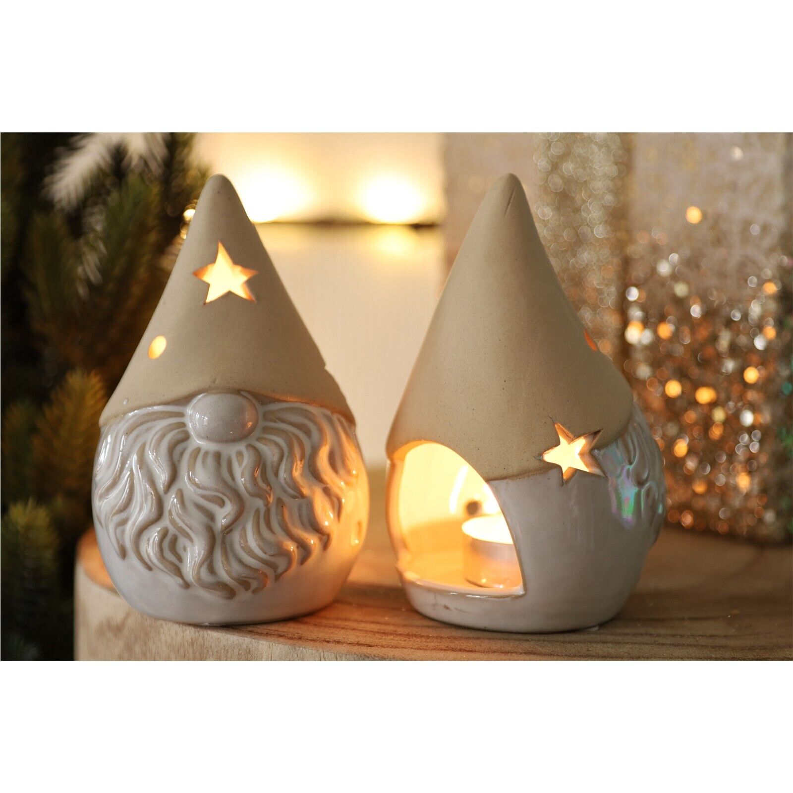 2Pc Beige Ceramic Gonk Tealight Candle Holder Star Cut Out 11cm Christmas Xmas