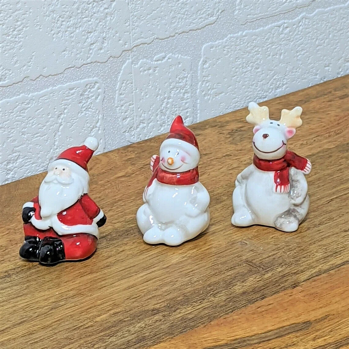 Set Of 3 Small Ceramic Santa Reindeer Snowman Christmas Decorations Ornaments