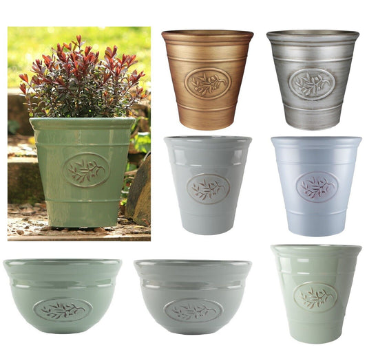 Gloss Ceramic  Plastic Planters Flower Plant Pots Barrel Tall Bowl Olive Cover