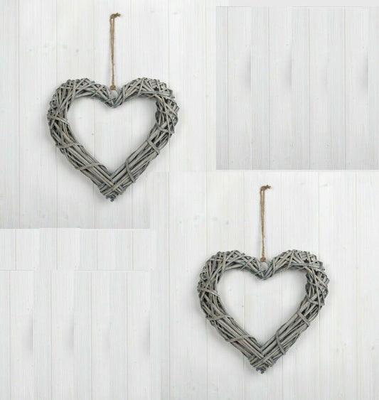 2X Large 30cm Grey Wash Willow Wicker Hanging Heart Shabby Chic Wedding Wreath