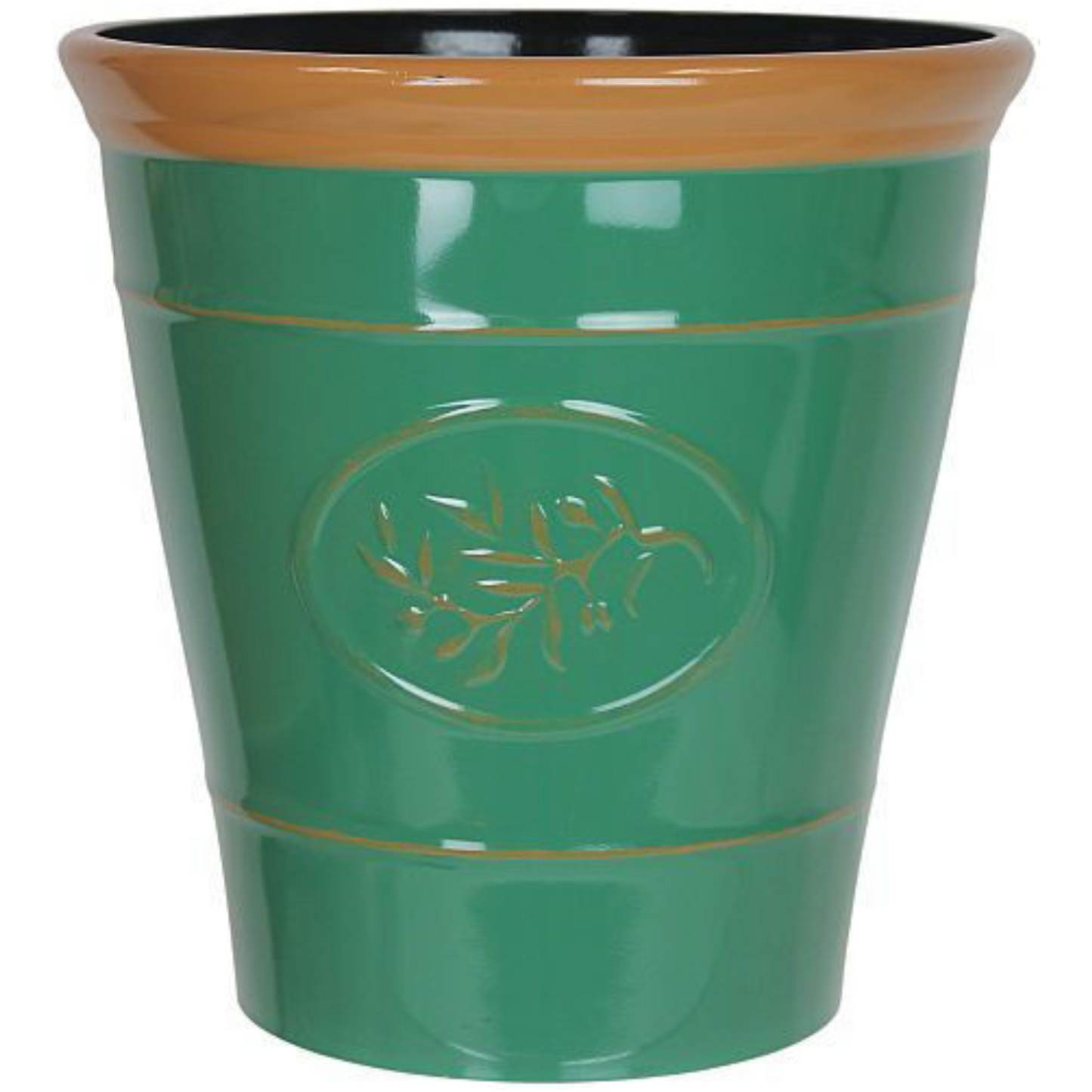 Set of 2 Round 30cm Olive Dark Green Plastic Brown Rim Gloss Garden Planter Pot