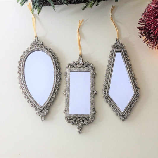 Set of 3 Mirror Christmas Tree Hanging Ornaments Mirrors Baubles Gold Glitter 