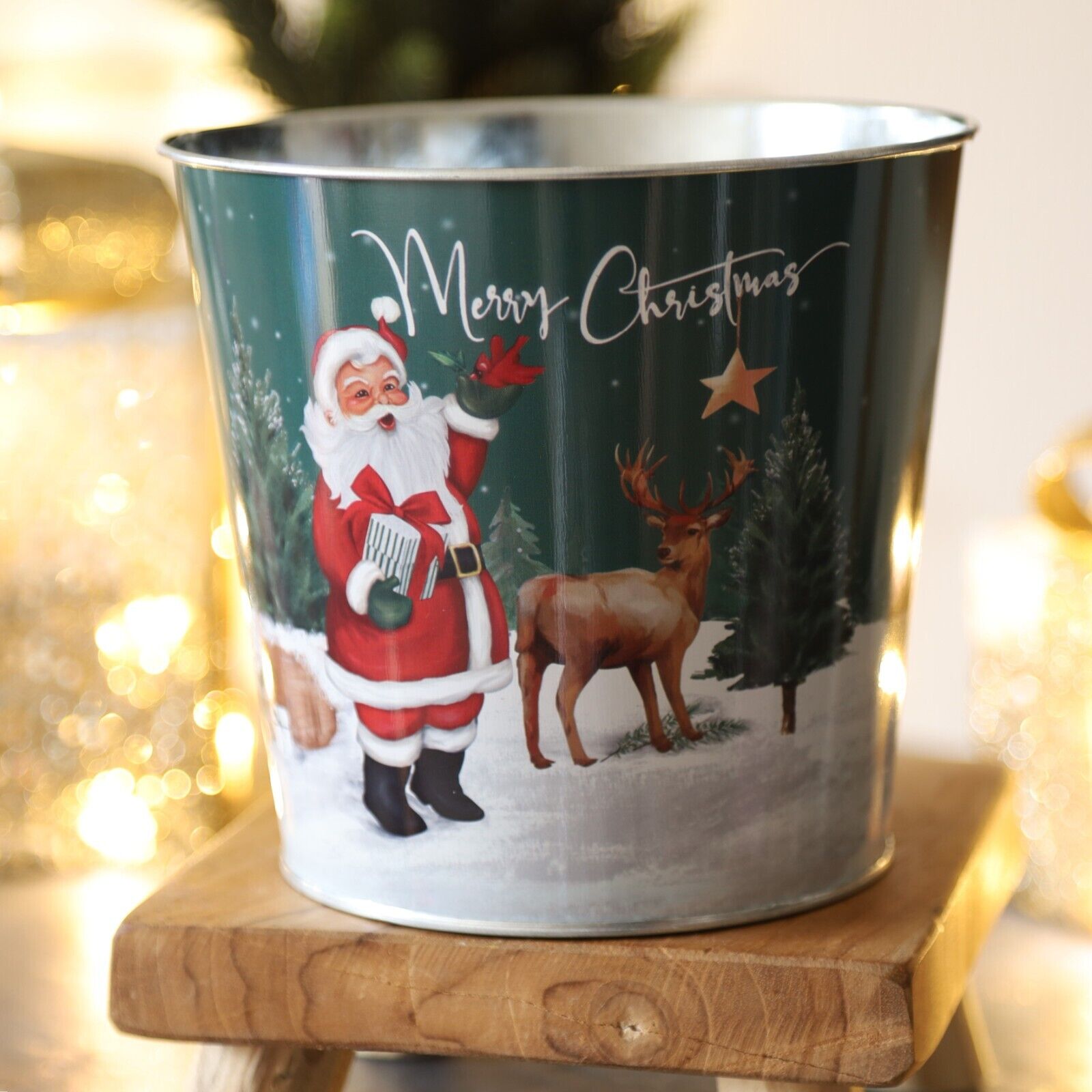 2Pc Metal Christmas Santa Reindeer Green Scene Plant Pot 15cm Tin Pail Planter