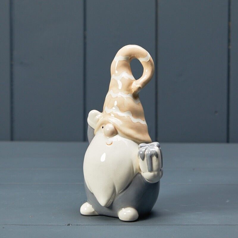 Set of Beige Ceramic Gonk Gnome Holding Gift Nordic Xmas Decor Christmas Gift