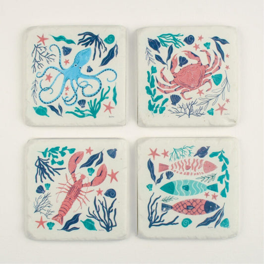 Ceramic Coasters Set of 4 Sea Creatures Cork Backed Square Coasters Table Mats