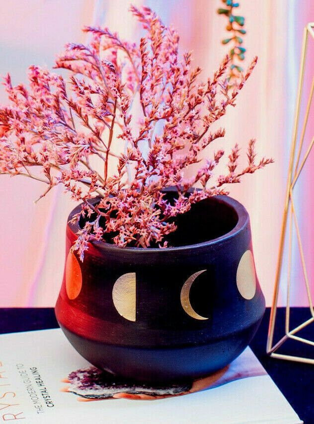 Cement Black Planter Plant Pot Holder Moon Phases Gold Printed Herbs Pot