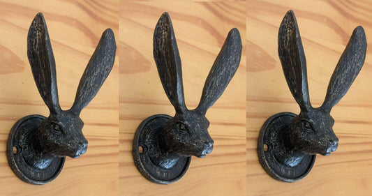 Set of 3 Rustic Hare Bunny Coat Hook Vintage Bronze Metal Animal Wall Door Hooks