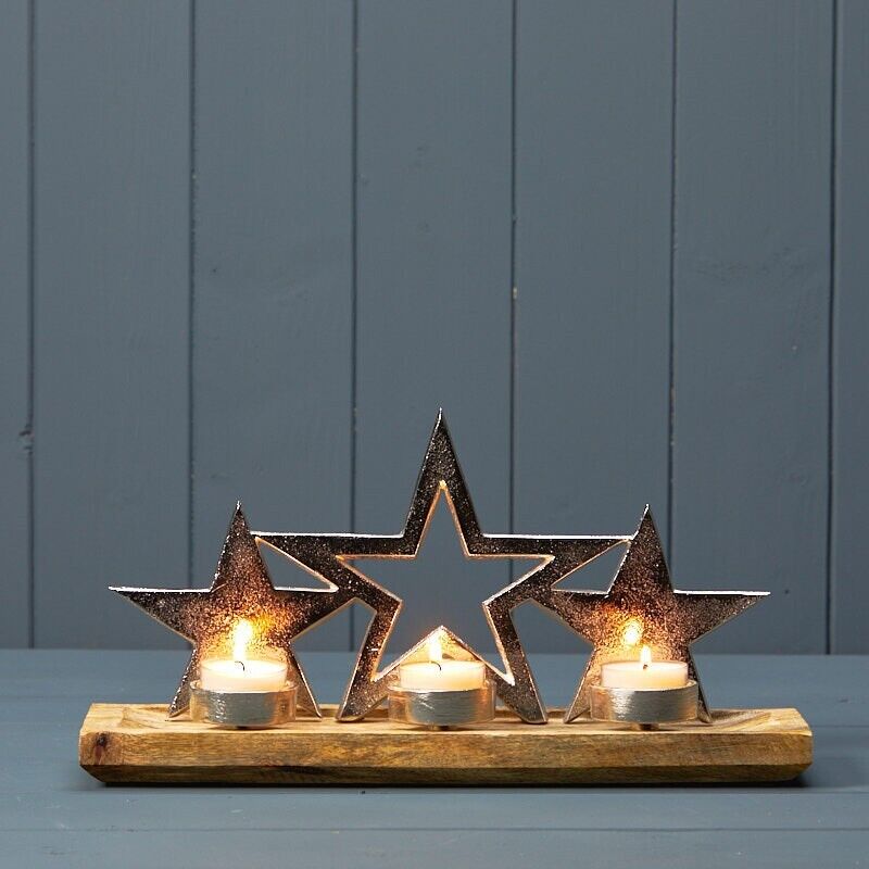 32cm Silver Stars Tealight Candle Holder Large Xmas Home Decor On Wooden Base