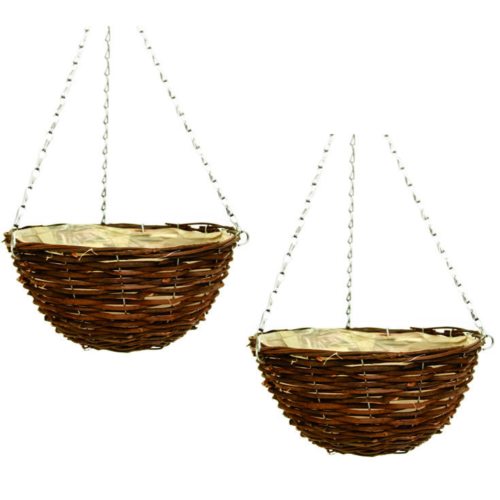 2X 30cm 12Inch Dark Brown Wicker Hanging Basket Lined Rattan Willow Planter 