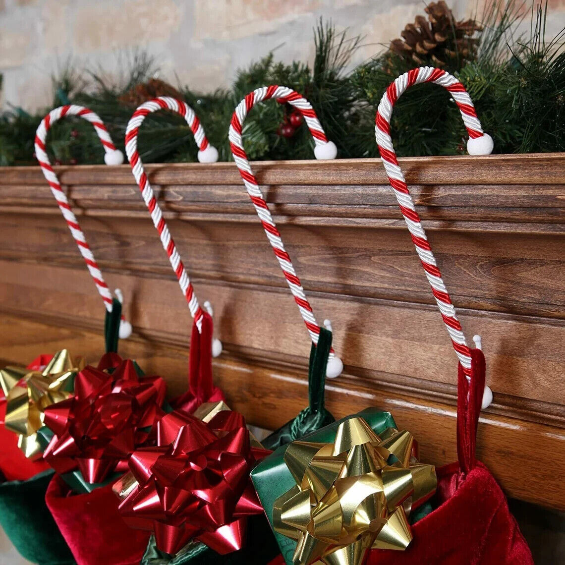 4 x Christmas Candy Stick Cane Stocking Hanger Holder Xmas Decoration Mantle Pie