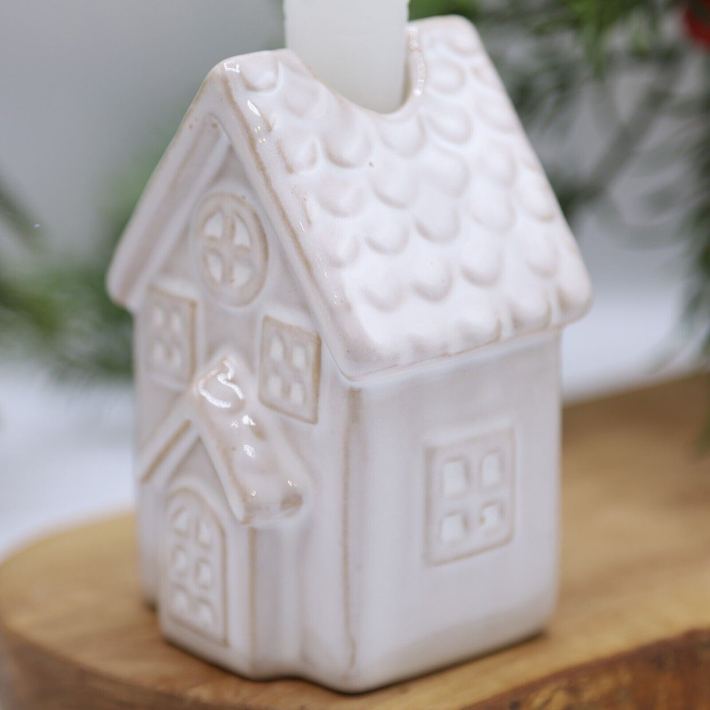 Beige Ceramic Candle Holder Country House Village Scene Ornament 10.5cm Decor