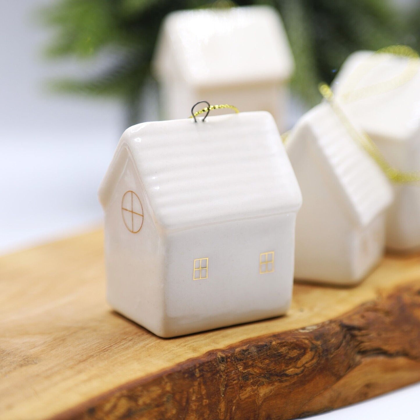 4Pc Small White Scandi Snow Ceramic Houses Baubles Tree Hanging Christmas Decor