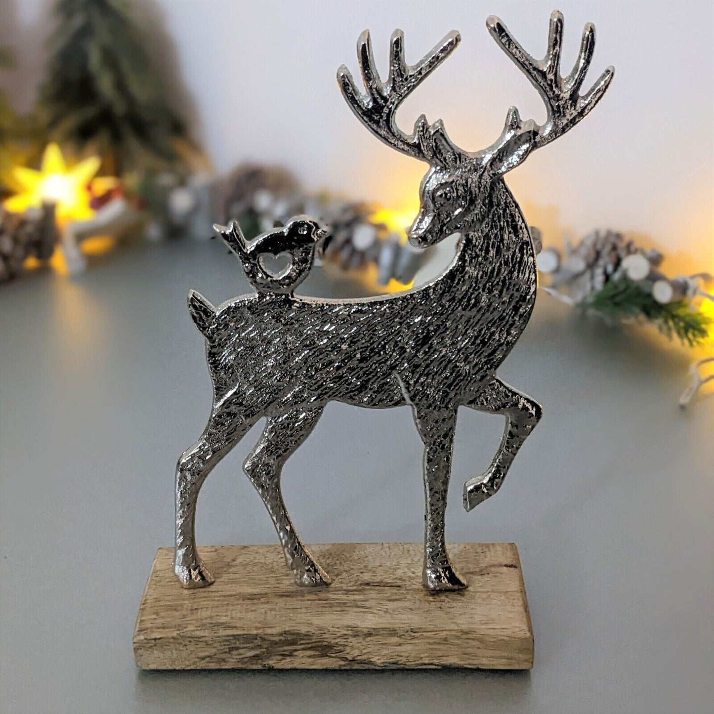 22cm Silver Metal Deer Antler Bird Scene Home Decor Ornament Figurine On Wood