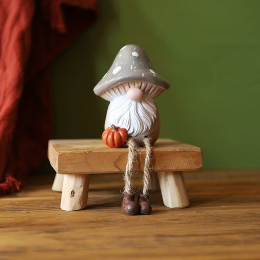 Resin Grey Autumn Harvest Mushroom Gonk Statue Shelf Sitter Gnome Ornament