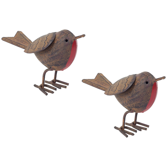 Pair of Rustic Metal Garden Robin Ornament Outdoor Tin Robin Bird Vintage Decor