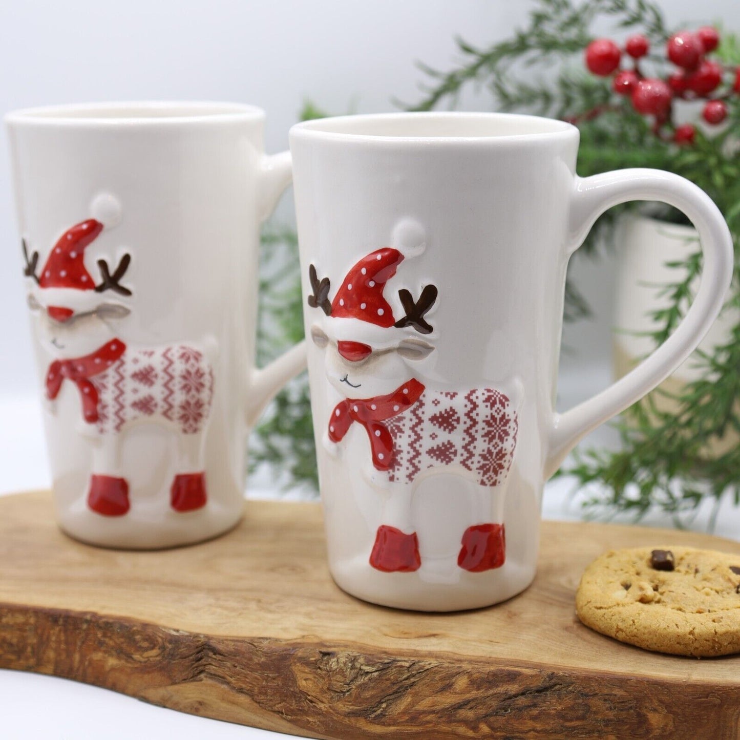 2Pc Reindeer Tall Mug 430ml Coffee Tea Cup Christmas Table Novelty Gift Deocr