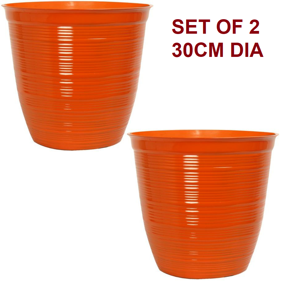 Garden Planter Set of 2 Gloss Orange Plastic Plant Pot Tall 30cm Round Tub 13.6L