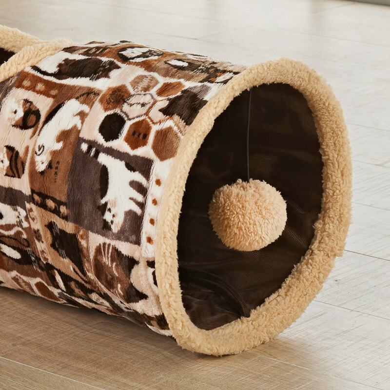 Cat Tunnel Toy Brown Suede Fabric Crackle Collapsible Cat Pet Activity Bed