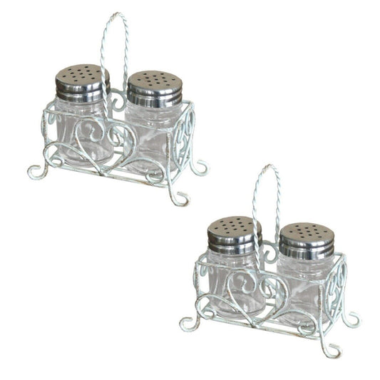 Set of 2 Salt Pepper Pots In Wire Basket Carrier Shabby Chic Finish French