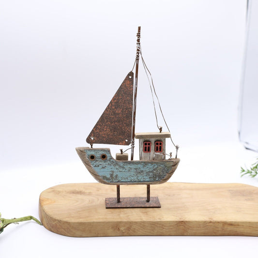 Rustic Wooden Boat Metal Blue & Red Nautical Coastal Decoration Home Ornament